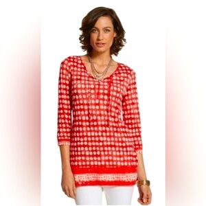 Chicos Womens Pullover Blouse Large Size 2 Red Polka Dot Boho Loose V Neck